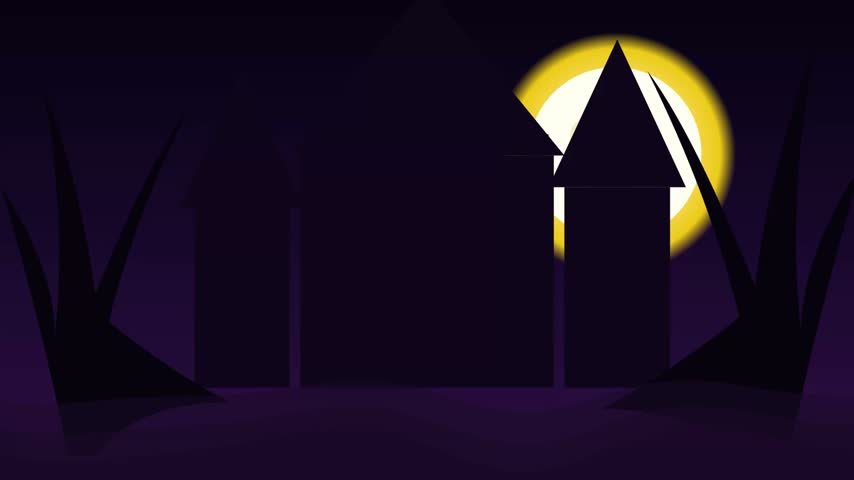 A spooky animated illustration of a haunted house under a glowing full moon with dark silhouettes of flying bats in a midnight purple sky for Halloween celebration.