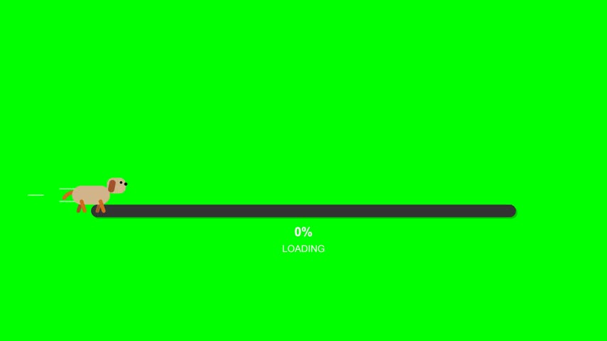 Professional 4K motion graphics featuring a stylized dog character running on a dynamic loading bar. Isolated on chroma key green background for video production and overlays.