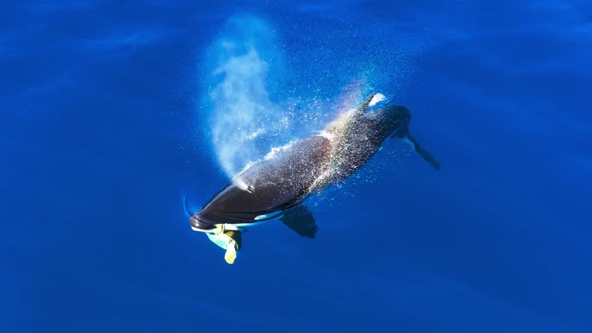 A dolphin leaping from the sea creating a rainbow in the water mist.