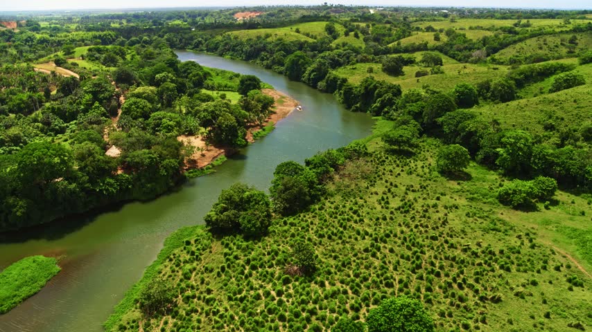 Picturesque landscape of a fast river flowing between steep banks covered with trees. A mountain stream in a lush green forest during summer. Vivid landscape with a fast flowing river.