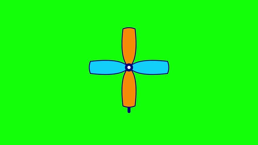 A vibrant, flat-style cartoon illustration of a four-bladed pinwheel with orange and blue wings. This simple graphic asset is isolated on a bright green chroma key background, making it ideal for video editing, motion graphics, or spring-themed designs.