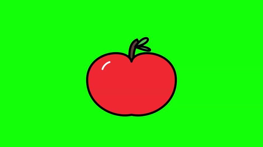 A vibrant red apple with a thick black outline and a small green leaf, isolated on a bright green chroma key background. This simple, flat vector-style illustration is ideal for educational materials, health-themed projects, or as a compositing element.