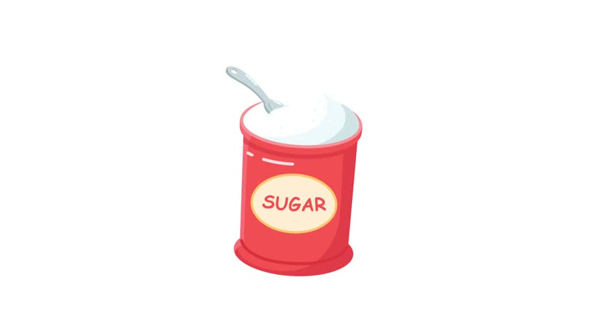 Flat vector animated red container labeled "Sugar" filled with white sugar and a spoon resting inside