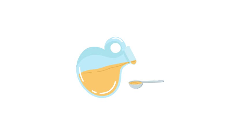 Flat vector animated blue glass pitcher pouring golden oil or liquid into a small measuring spoon