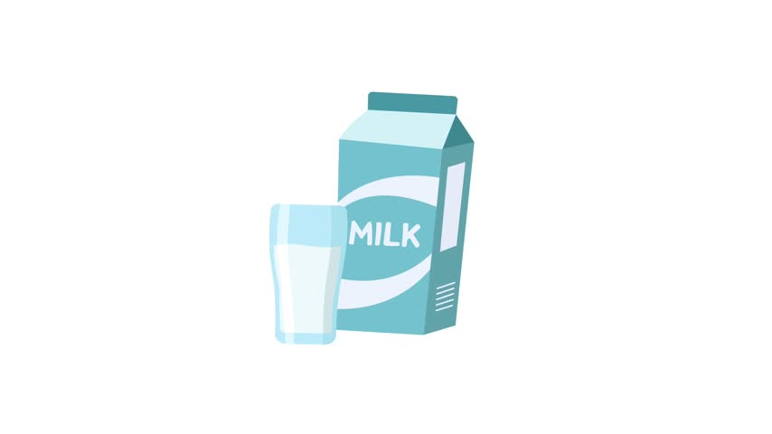 vector animated light blue milk carton packaging accompanied by a filled glass of milk against a white background