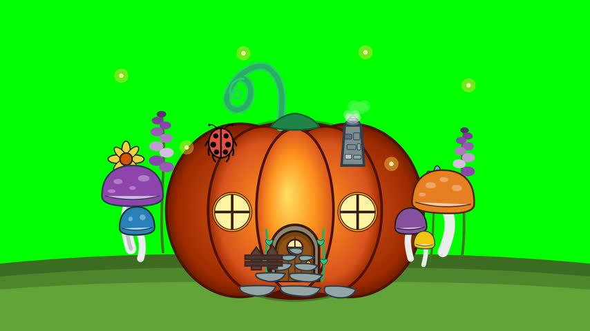 Animated Cartoon Pumpkin House with Magic Glow in a Fantasy Garden