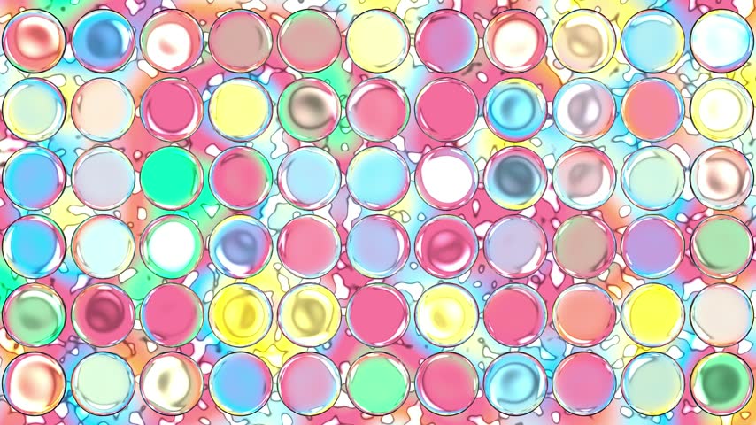 Seamless loop animation of vibrant multicolored glossy round dots in a structured grid shimmering with warm pastel tones, pink, orange, and blue hues.
