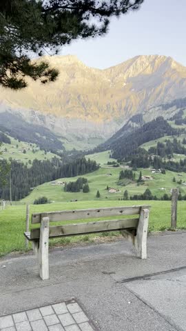 Swiss Alps mountain landscape with green meadows and pine forests