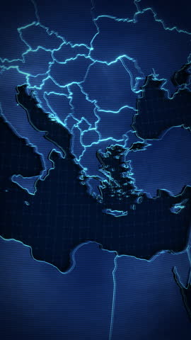 Vertical digital map animation highlighting the territory of Greece, Europe with glowing neon borders, a subtle grid overlay, and screen texture. This portrait-oriented geographic graphic features bold typography and is designed for mobile travel ads, social media promotional campaigns, and smartphone screen backgrounds.
