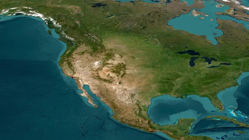 3D Satellite Map Animation of Los Angeles Highlighted in Red with Location Pin Along the California Pacific Coast.