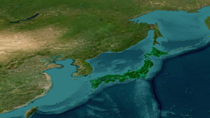 Wide Aerial 3D Satellite Map of Kobe Highlighted in Red with Location Pin Between Osaka Bay and Lake Biwa in Japan.