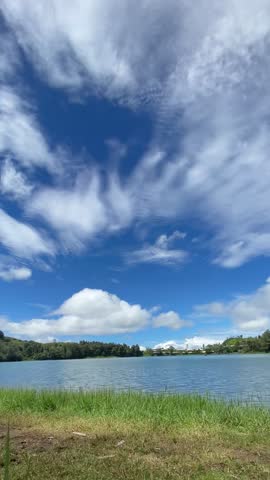 Scenic view of a peaceful lake shore with green grass under a bright blue sky filled with wispy white clouds.