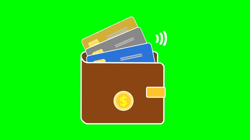 Brown Wallet with fanning contactless credit cards animation on green screen. Perfect for finance commercials, contactless payment concept, business and money management videos.
