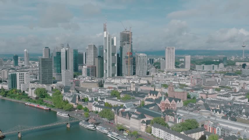 Wide Aerial Drone View of Frankfurt Germany Skyline with Modern Skyscrapers and Cityscape