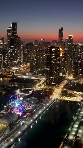 Sunset Chicago Skyline At Chicago In Illinois United States. Illuminated Downtown. Sunset City Landscape. Chicago At Illinois United States. Chicago City District. City Skyline Scene.