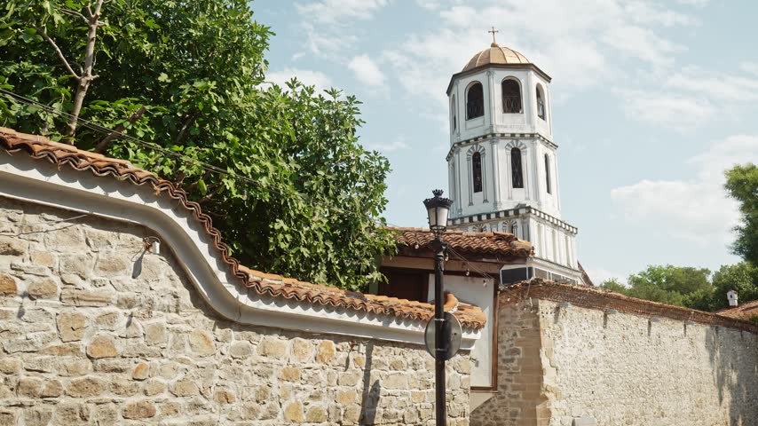Bell tower of the Church of Constantine and Helena rising above the historic Old Town of Plovdiv, Bulgaria.