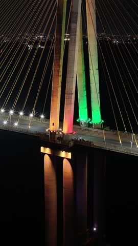 Night Cable Bridge At Manaus In Amazonas Brazil. Illuminated Bridge. Downtown City. Bright Traffic Lights. Cable Bridge In Manaus In Amazonas Brazil. Beautiful Skyline. Illuminated Bridge.