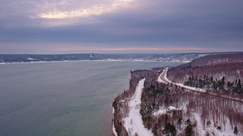 Drone view of the rugged Lake Superior shoreline in Northern Michigan during winter