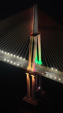 Phelippe Daou Bridge At Manaus In Amazonas Brazil. Illuminated Bridge. Downtown City. Bright Traffic Lights. Phelippe Daou Bridge In Manaus In Amazonas Brazil. Beautiful Skyline. Illuminated Bridge.