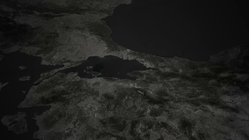 Animated map of Turkey revealed with the Turkish flag filling the country shape on a dark terrain background.