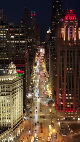 Night Skyline Michigan Avenue At Chicago In Illinois United States. Highrise Buildings Landscape. Colorful Night City. Chicago At Illinois United States. Stunning Cityscape. Downtown Scenery.