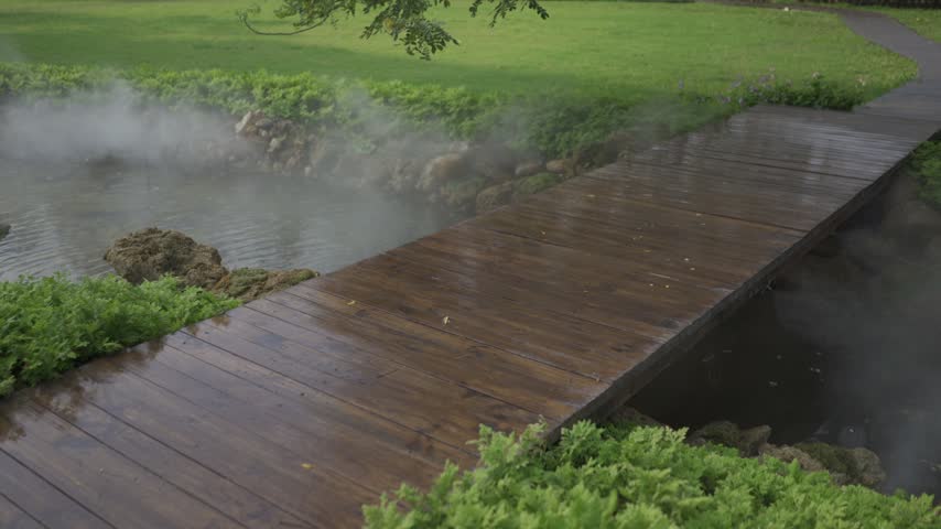 Thick fog rolls across a tranquil garden stream beneath a timber walkway. The humid environment nourishes the surrounding vibrant greenery.