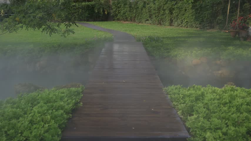 Thick fog rolls across a tranquil garden stream beneath a timber walkway. The humid environment nourishes the surrounding vibrant greenery.