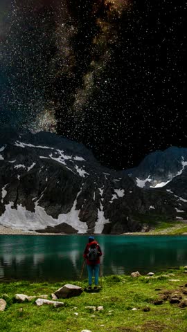 Milky Way Galaxy shining above a tranquil alpine lake, snowy mountains and a lone hiker with backpack