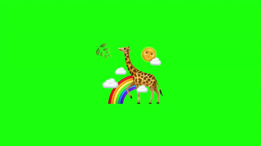 Cute giraffe with rainbow sun and clouds scenic nature vector illustration isolated on green screen.   