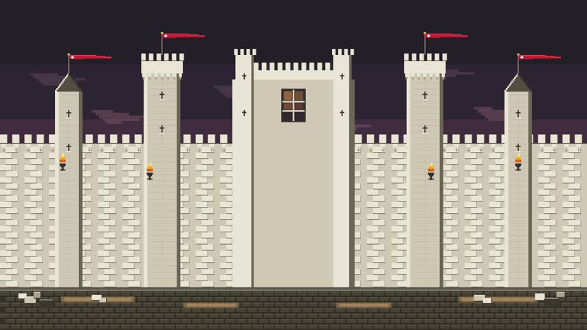A high-quality 2D pixel art animation featuring a medieval crusader knight standing guard in front of an ancient castle fortification. The warrior wears full armor with a red cross emblem, holding a sword and shield. The background shows stone battlements and towers under a dim sky, creating a nostalgic retro gaming atmosphere perfect for historical themes, fantasy projects, or gaming content.