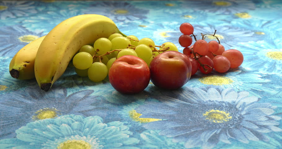 Still Life - Fruit composition with bananas, plums, and grapes