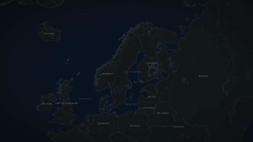Sweden map zoom animation with red highlighted country, major city markers and labels on dark terrain world map background