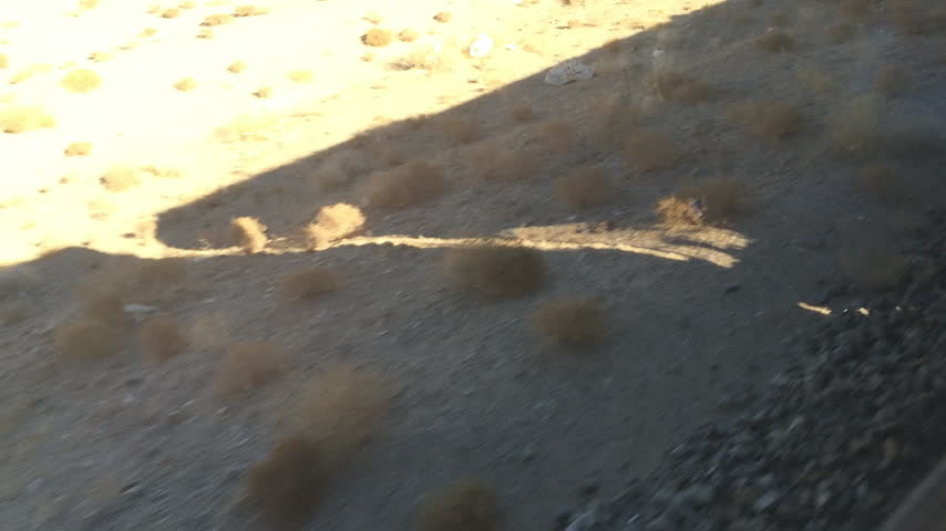 Long shadow of a moving train cast across the arid desert landscape during a sunny afternoon