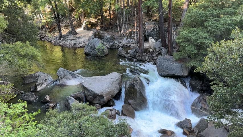 Water spills over rocks in a wooded stream before the camera tilts upward across the trees to sunlit granite cliffs.