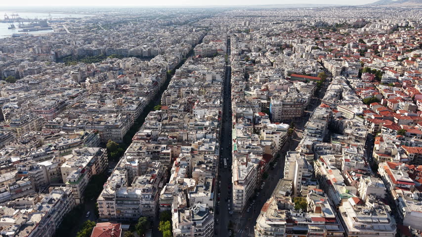 Thessaloniki, Greece, Drone View of Downtown Buildings and Streets