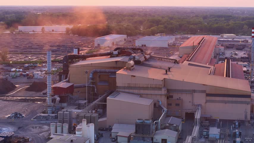 Aerial view of a large steel mill in Monroe, Michigan emitting smoke from its smokestacks