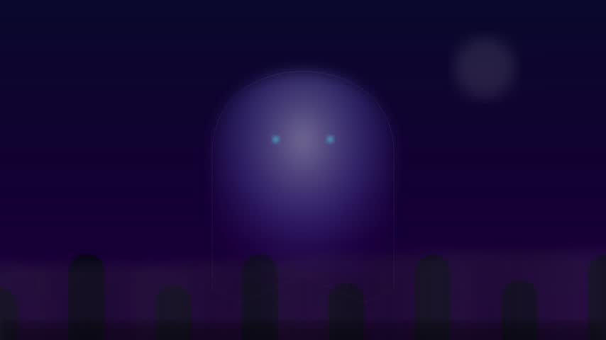Spooky Halloween ghost animation floating behind cemetery fence under a full moon.