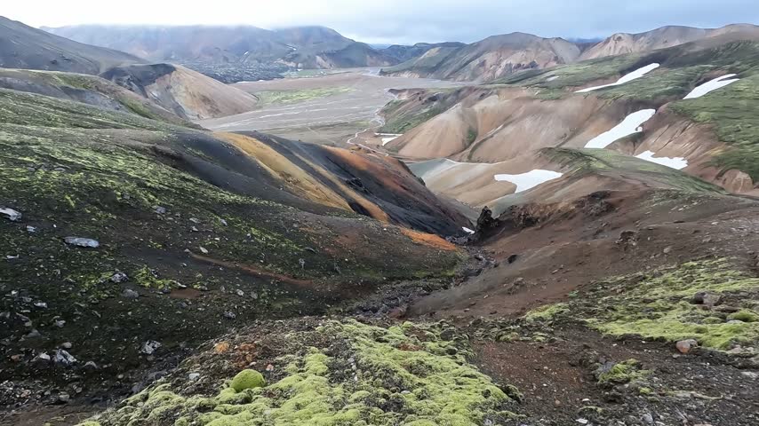 colorful Rhyolite Mountains and Valley Aerial View at Landmannalaugar Iceland Scenic Landscape