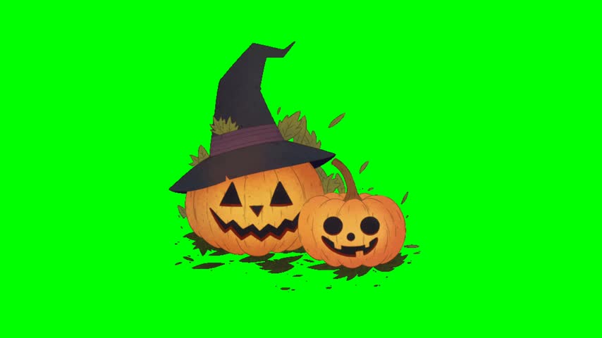 Animated jack-o-lanterns with a witch hat roll and bounce in a vibrant green Halloween setting.