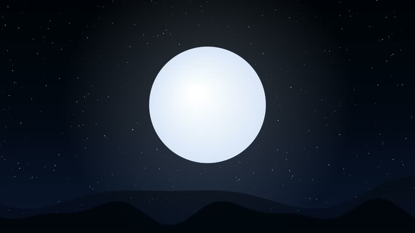 A starry night sky with a glowing full moon and moving fog.