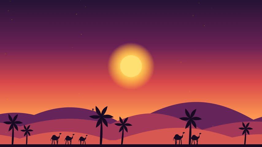 Warm desert sunset animation featuring a traditional camel caravan traveling across rolling sand dunes beneath a glowing evening sky. Palm silhouettes, distant hills, and rich orange and purple tones create an atmospheric journey through a remote arid landscape. The traveling camels represent exploration, migration, adventure, traditional transportation, and long-distance desert travel. This scenic flat vector visual is suitable for tourism promotions, cultural presentations, historical themes, travel advertisements, adventure projects, documentaries, and educational media. The composition conveys peaceful movement, nomadic lifestyle, wilderness exploration, golden hour scenery, desert culture, and the timeless experience of traveling through vast sandy regions