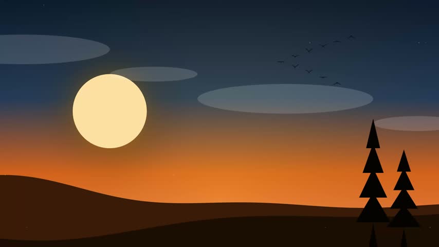 Landscape animation depicting flock of birds flying past glowing full moon in night sky over hills and pine trees