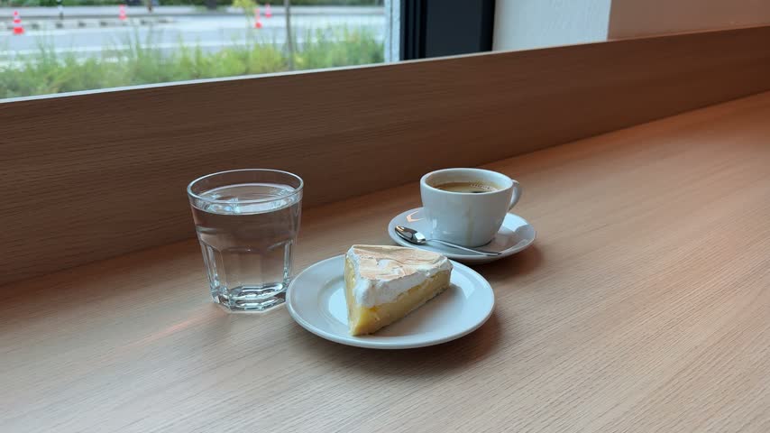Close view of a cake slice on a white plate beside black coffee and a glass of water on a wooden cafe counter.