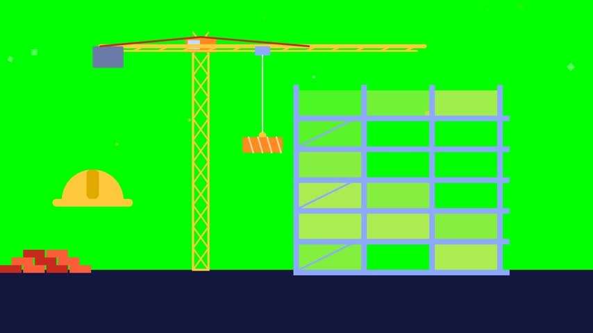 Construction crane and building site vector illustration with hard hat and bricks on chroma key green background