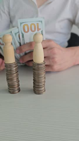 Two wooden figures stand next to stacks of coins on a table. One person counts cash and adds bills to the scene, engaging in a monetary exchange.