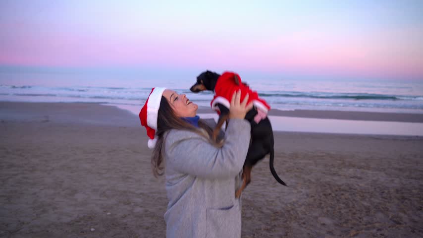 Happy woman in Santa hat lifting and cuddling her small dog dressed in Christmas costume