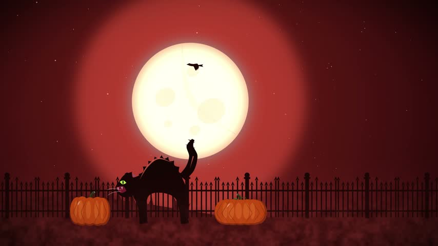 A spooky Halloween animation features a black cat with arched back, flying crows, and pumpkins under a glowing blood moon.