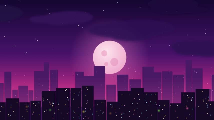 An illustration featuring a glowing full moon over a city skyline at night