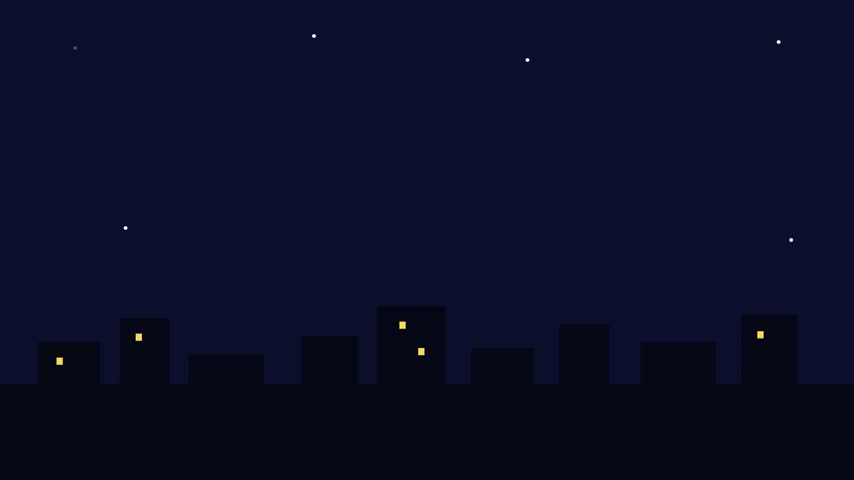 Minimalist night cityscape vector illustration featuring glowing windows and distant twinkling stars