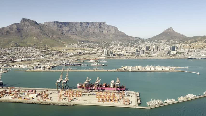 Aerial view of the Port of Cape Town with container cranes, Table Mountain and Lion